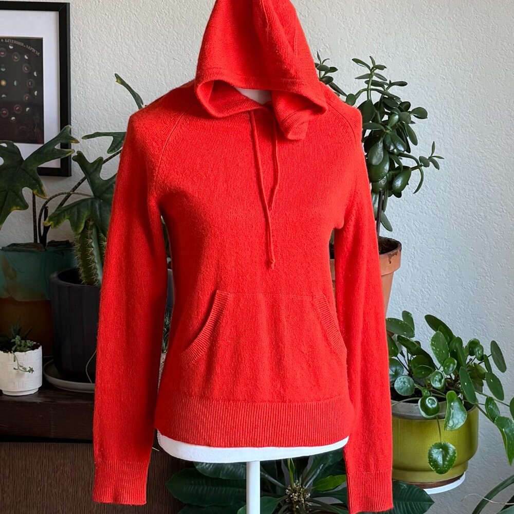 Banana Republic 100% Cashmere Hoodie RED Ribbed Pullover Pocket Sweater Sz MED